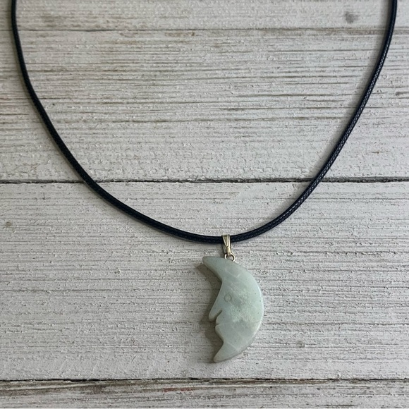 Amazonite Moon Face Pendant Necklace Carved Gemstone Crescent Moon Cord Chain - Picture 3 of 7
